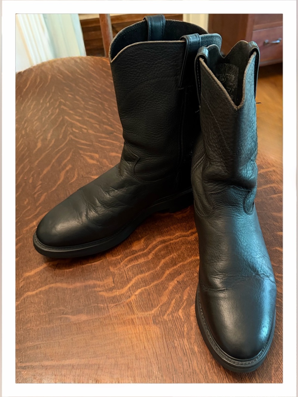 Justin Men’s Black Leather Pull-On Mid-Calf Boots Round Toe Oil Resistant 10.5EE